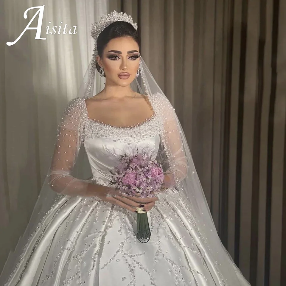 Customized Ball Gown Square Collar Long Sleeves Wedding Dresses A-Line for Bride Applique Puffy Beading Pearls Bridal Dresses