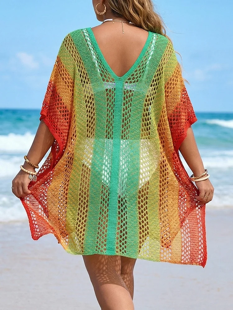 GIBSIE Plus Size Gradient Color Beach Cover Up Women Summer 2026 Sexy Hollow Out Knitted Tunic Beachwear Bikini Cover-ups