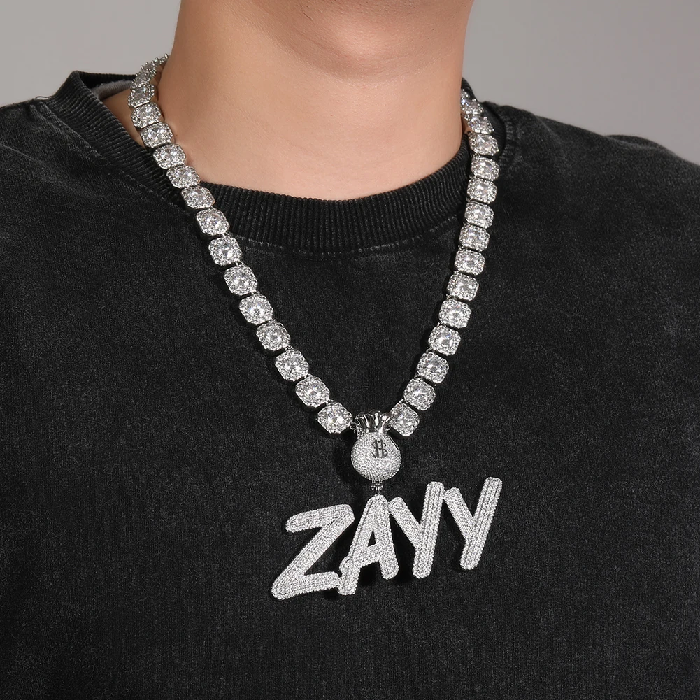 

Custom CZ Name Pendant Necklace with Money Bag Bail Iced Cubic Zirconia Charms Men's Hip Hop Jewelry for Gift