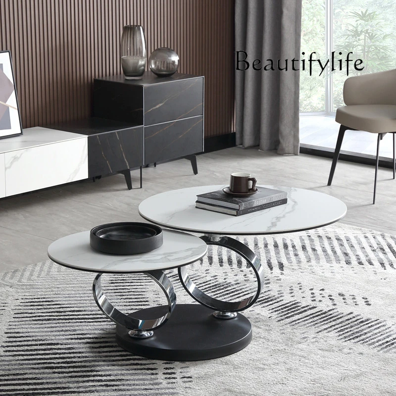 

Italian natural rock slab rotating coffee table small apartment metal modern living room household telescopic round tea table