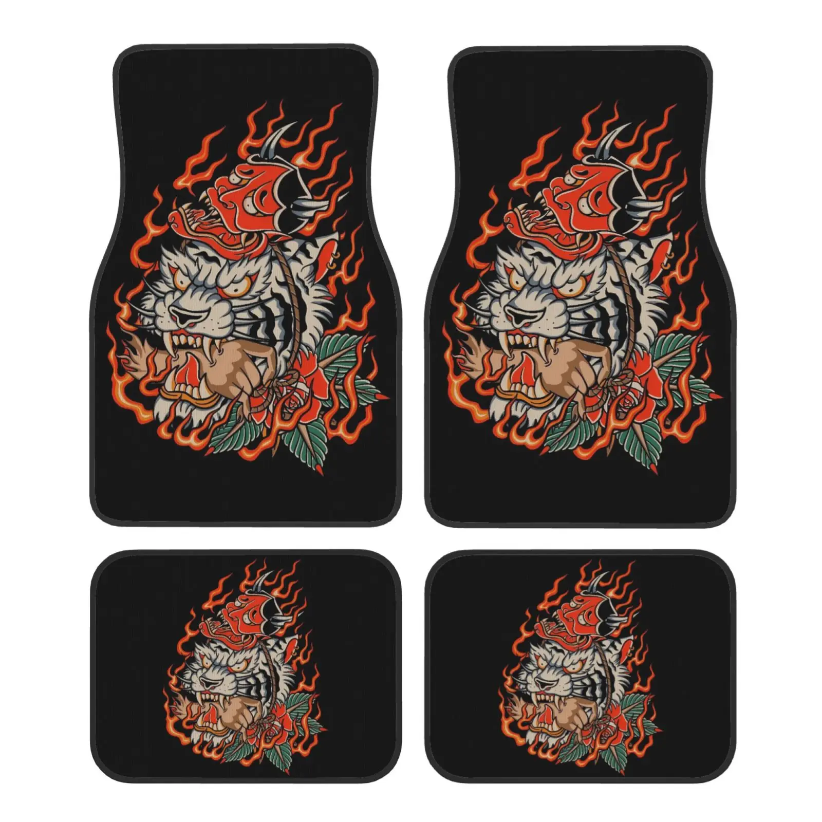 

Japanese Tiger Oni Mask Car Floor Mat 4-piece Set Suitable for All Car Floor Mat Accessories Crystal Velvet Floor Mats