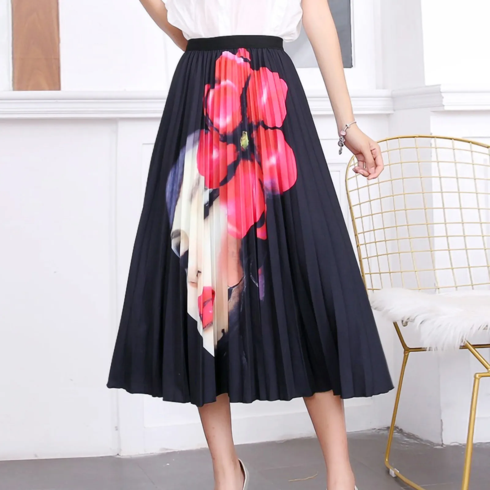 

2024 Summer New Fashion Europen Cartoon Flower Printed Pleated Skirt Elegant A-Line Casual Midi Skirt Y2k Harajuku Long Skirts