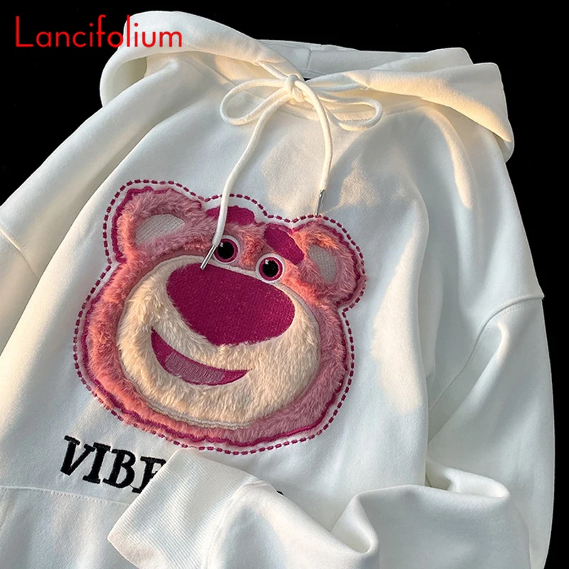 Pink Vintage Kawaii Cartoon Bear Hooded Hoodie Fall Autumn Indie 3D Embroidery Kangaroo Pocket Baggy Streetwear Sweatshirt Top