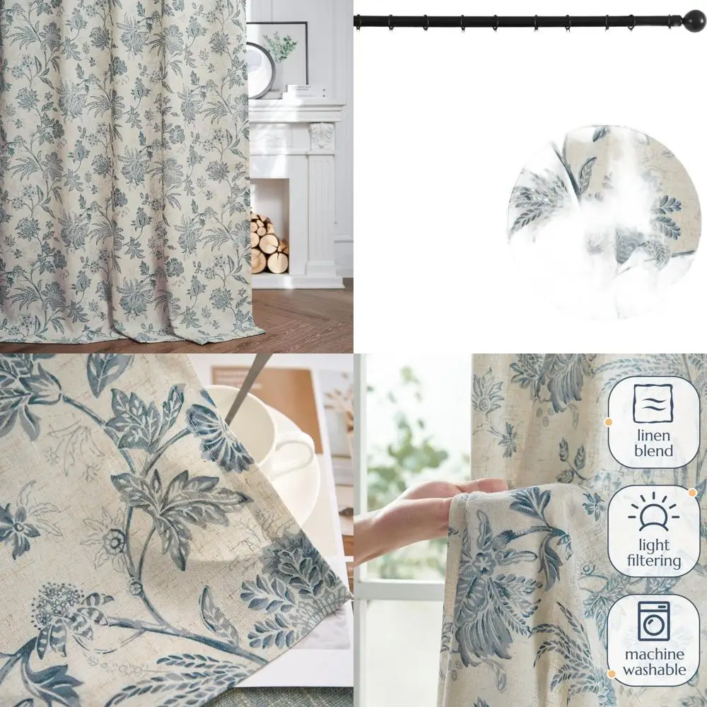 

Очень длинные синие льняные шторы с цветочным узором, светопропускающие, 108 дюймов, с карманами для крепления, в стиле фермерского дома, комплект из 2 панелей