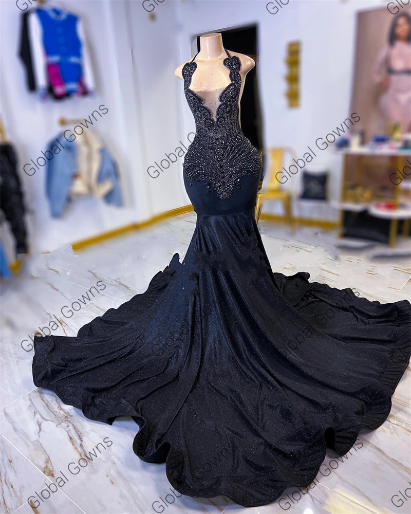 Sexy Halter Long Prom Gowns For Black Girls 2024 Sparkly Beaded Crystal Diamond Birthday Party Dresses Evening Gown Customized