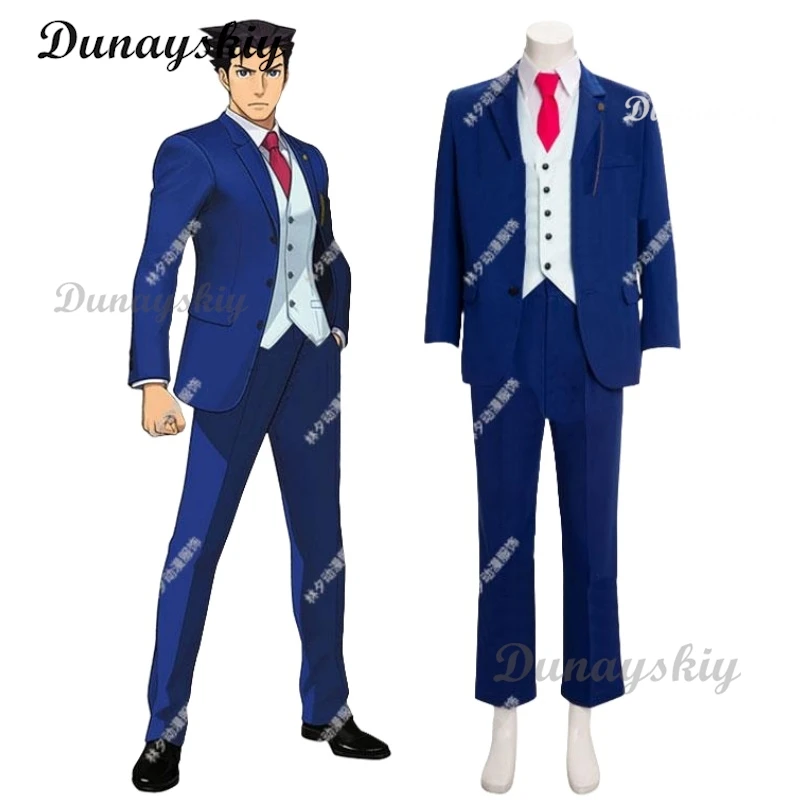 Ace Attorney Phoenix Wright Cosplay Costumes Blue Uniform Suit Jacket With Tie Halloween Party Role Play Props Wig Customized