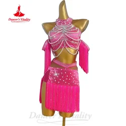 Latin Dance Competition Costumes Exquisite Pearl Top+tassel Short Skirt 2pcs Women's Tango Samba Rumba Performance Clothing