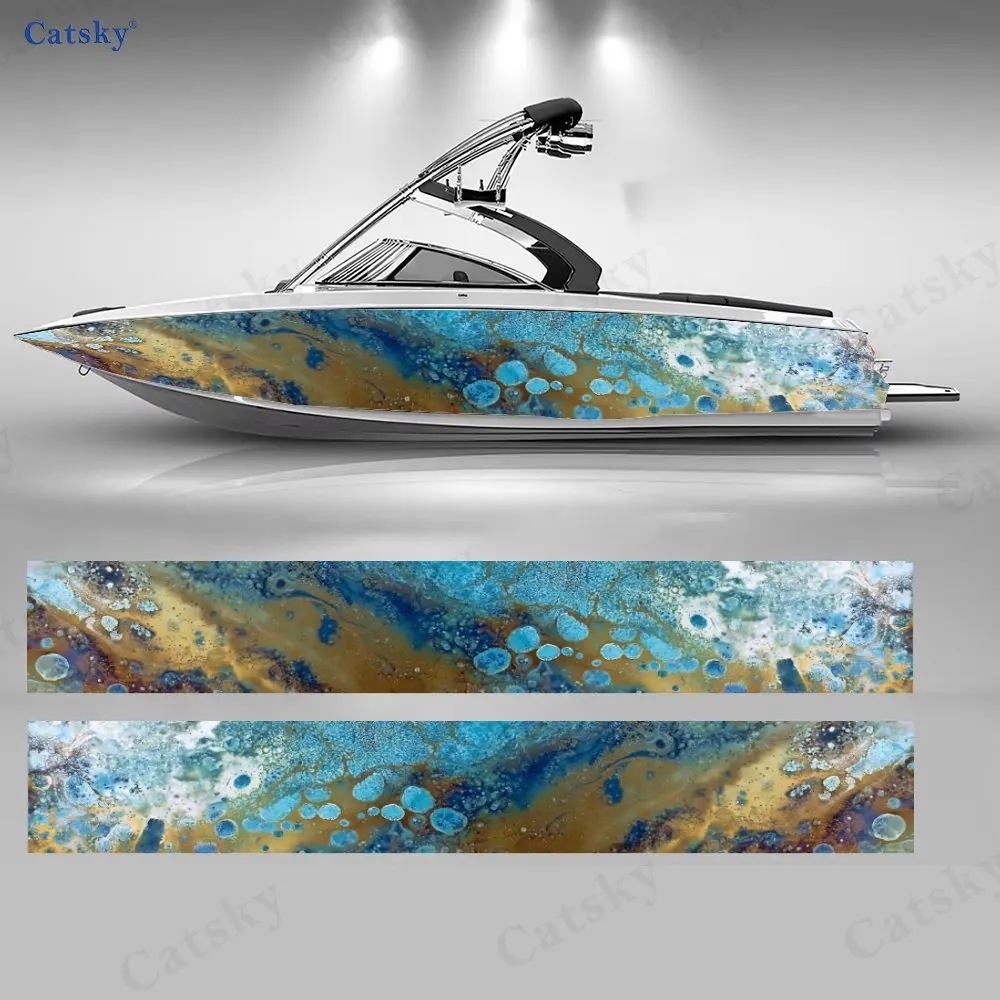 

2 шт. наклеек на корпус лодки с синим и золотым жидким узором, абстрактный мраморный рисунок для водного транспорта, долговечный, устойчивый к погодным условиям винил