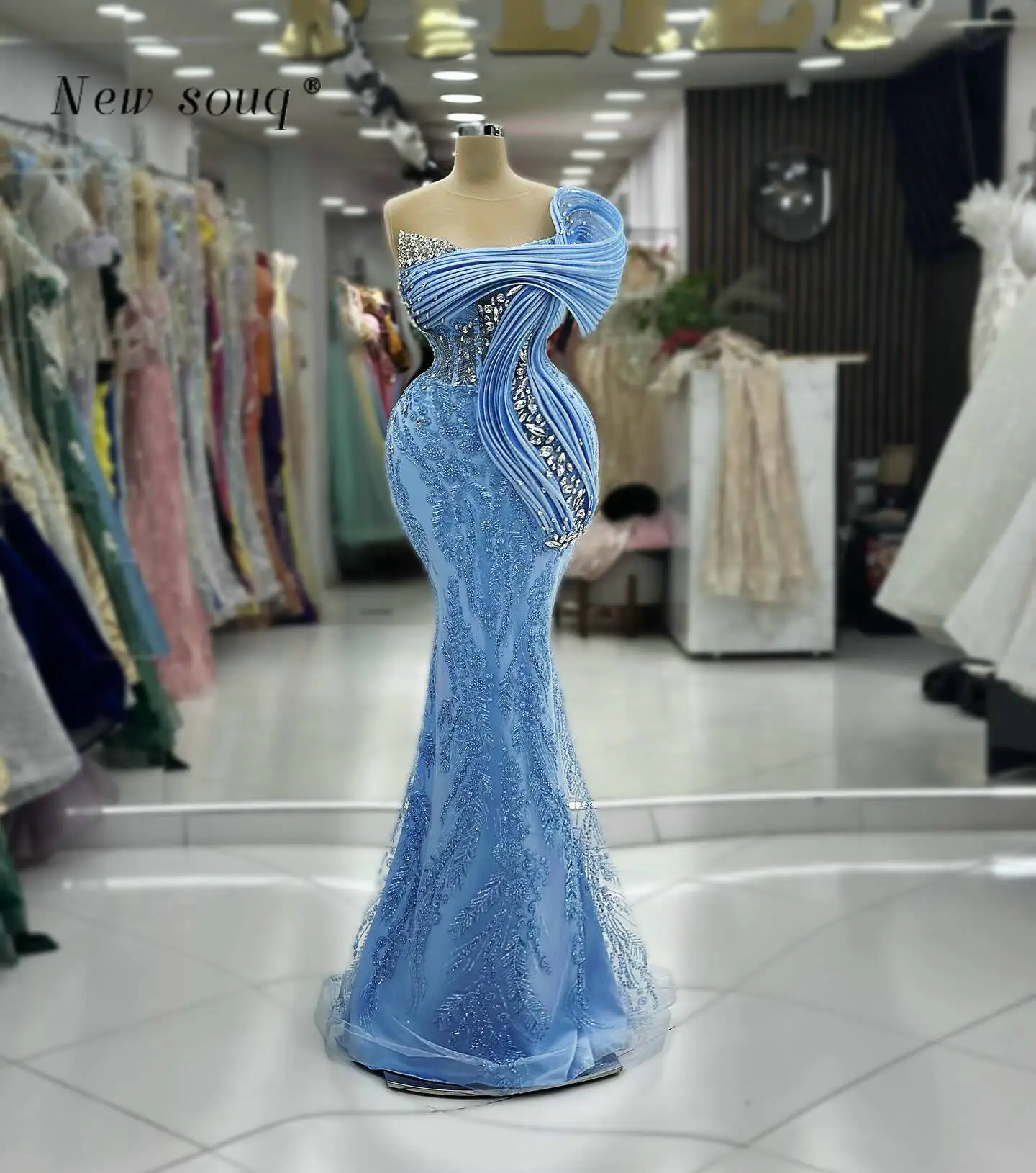 Light Blue Long Mermaid Evening Dresses Arabic Crystals Stones Modern Fashion Luxury Dubai Wedding Formal Party Gowns