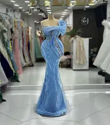 Light Blue Long Mermaid Evening Dresses Arabic Crystals Stones Modern Fashion Luxury Dubai Wedding Formal Party Gowns