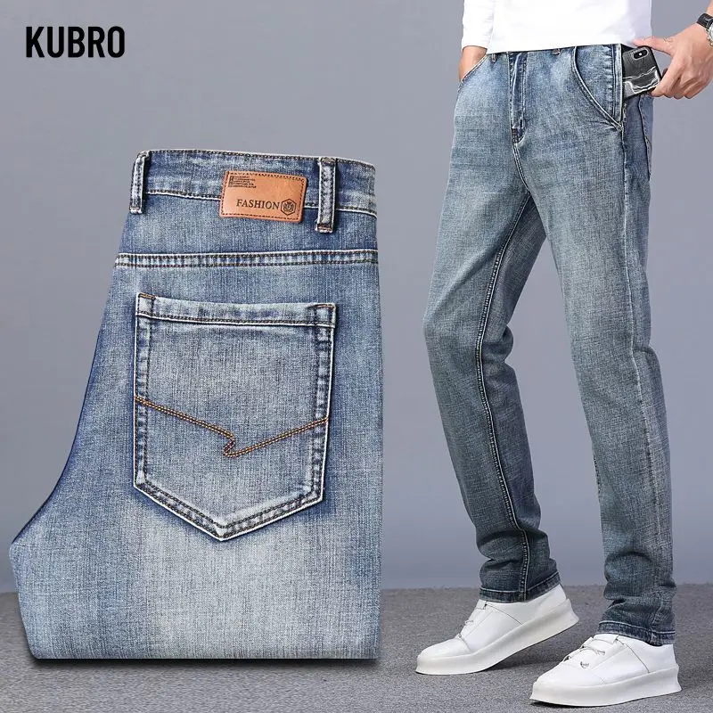 Celana Jeans Pria Vintage Straight-Leg Gaya Eropa Slim Fit Kasual Celana Denim Pria Berkualitas Tinggi Celana Denim Pria Empat Musim