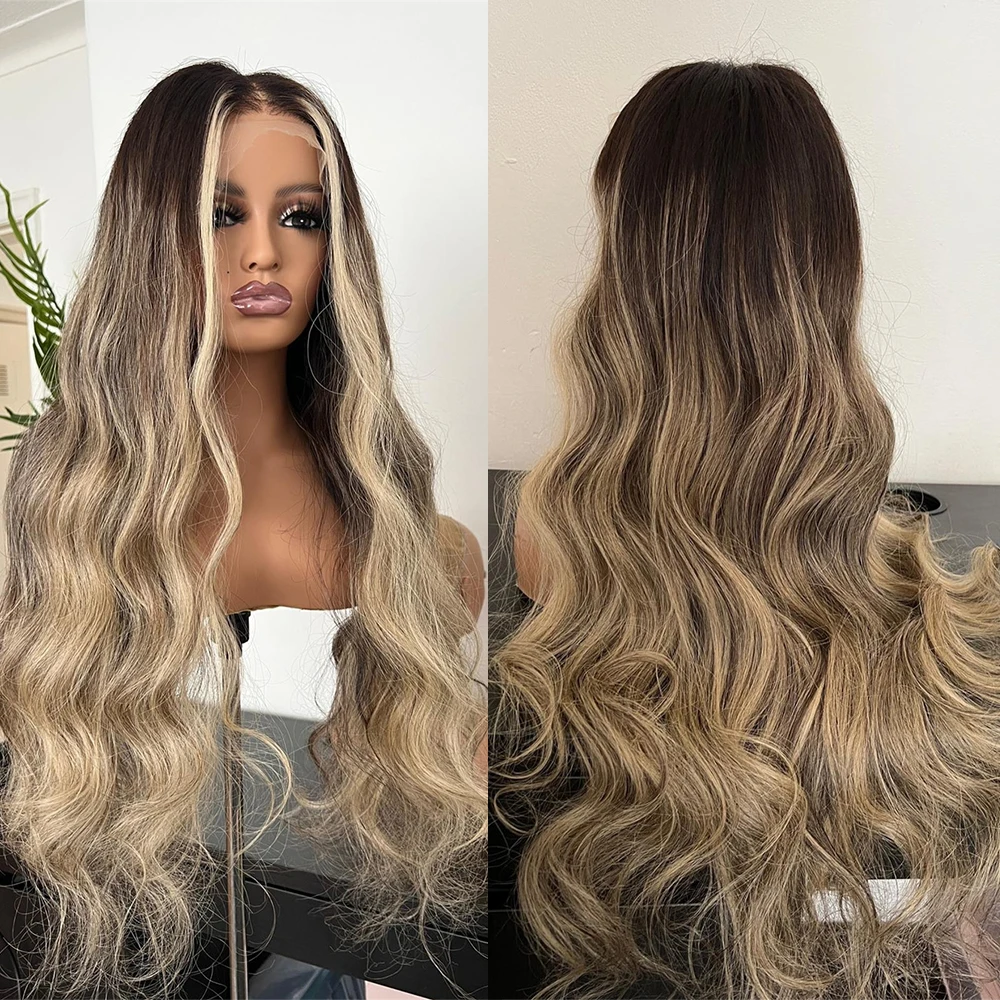 Luxury Wig Ombre Brown Blonde Synthetic Lace Front Wigs For Women Realistic Look Wig Super Long Wavy Heat Resistant Fibre Wig