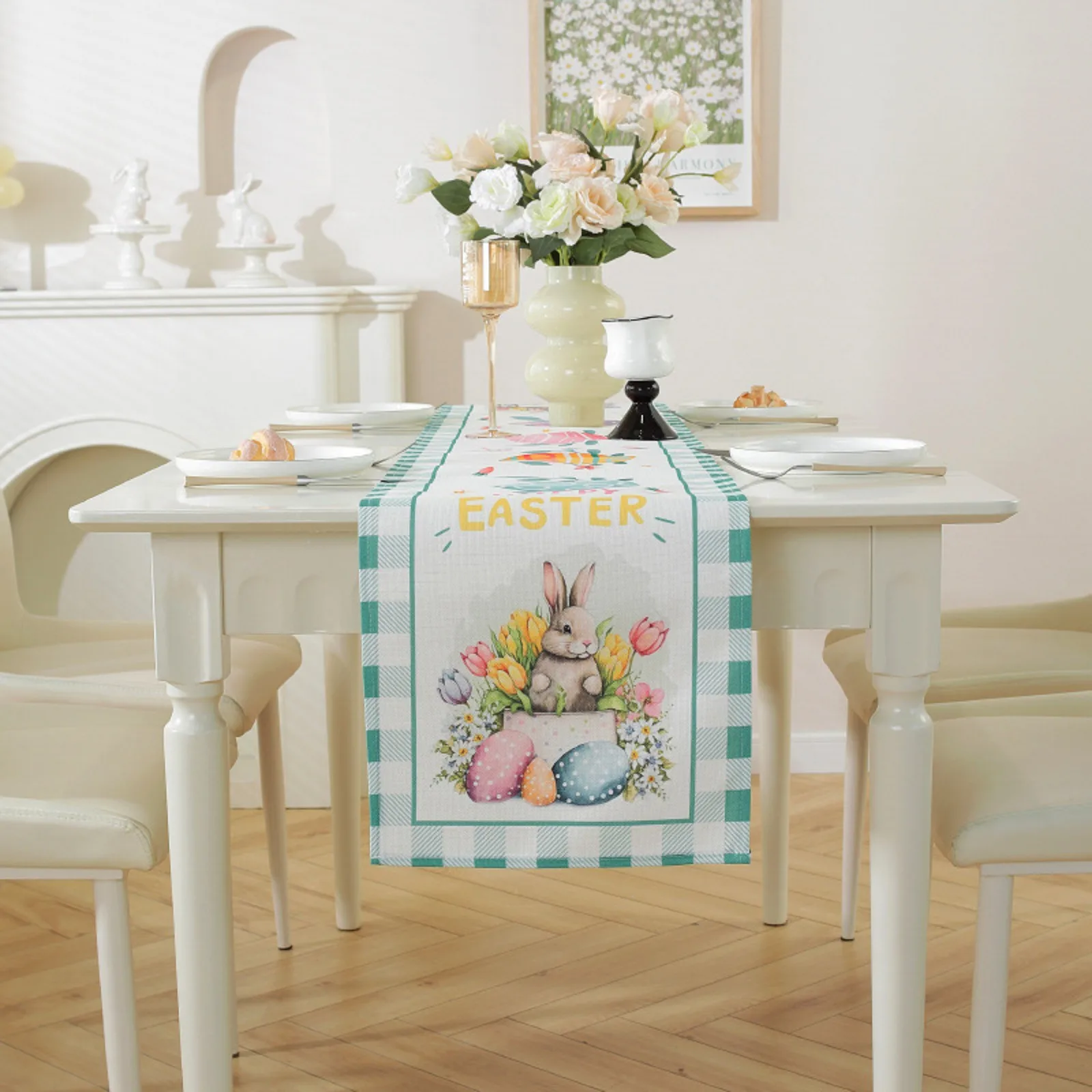 Table Easter Modern Simple Rectangle Cotton Linen Table Bunny Rabbit Egg Pattern Table Decorative Table Long Table Top