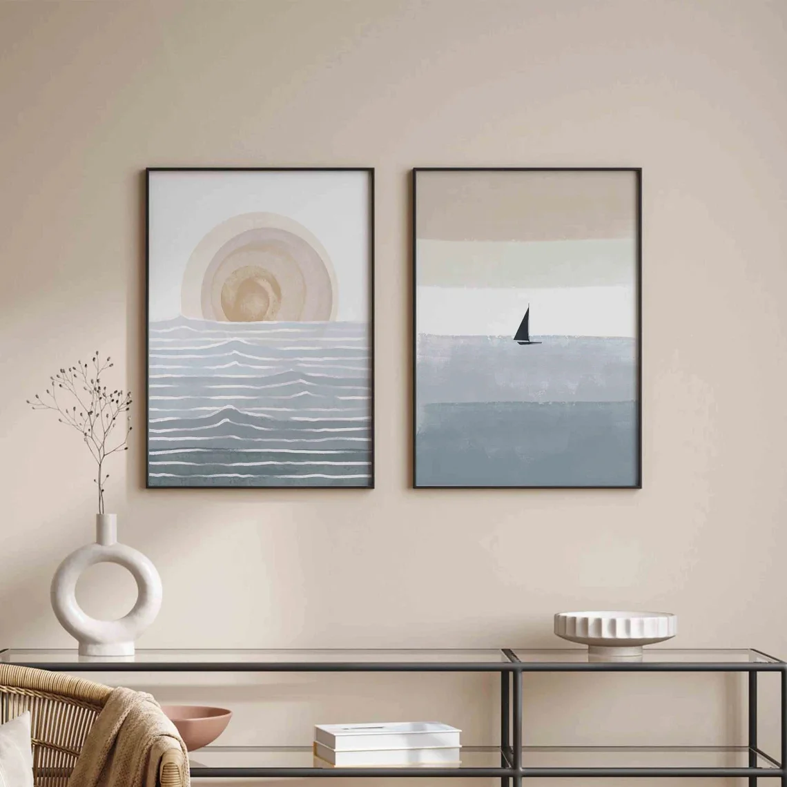 

2pcs Vintage Canvas Posters,Noframed Abstract Boho Waves Art,Blue Ocean Prints, Blue Wall Art, Boho Sun Print, Living Room Decor
