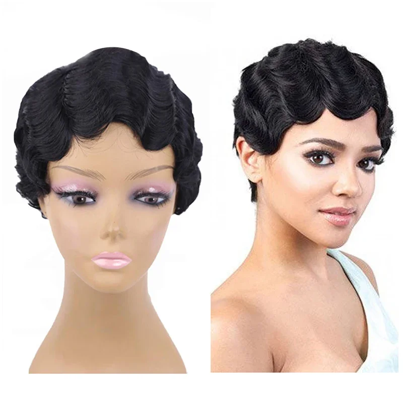 

Amir Synthetic Short Finger Wave Wig Red Bob Mommy Wigs for Black Women Pixie Cut Curly Wigs Blonde Cosplay Wig Black