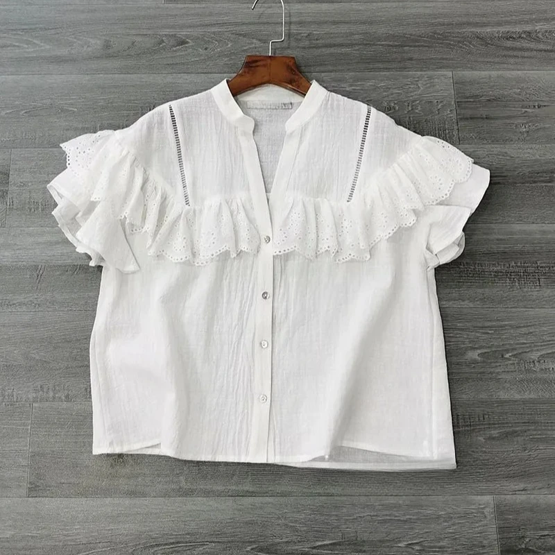 

Блузка большого размера с открытыми плечами и вышивкой, повседневный топ с ажурным кружевом и воланами