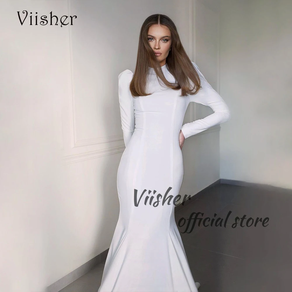 

Simple Civil Mermaid Wedding Dresses for Bride Long Sleeve O Neck Beach Bride Dress Floor Length Satin Elopement Wedding Gowns