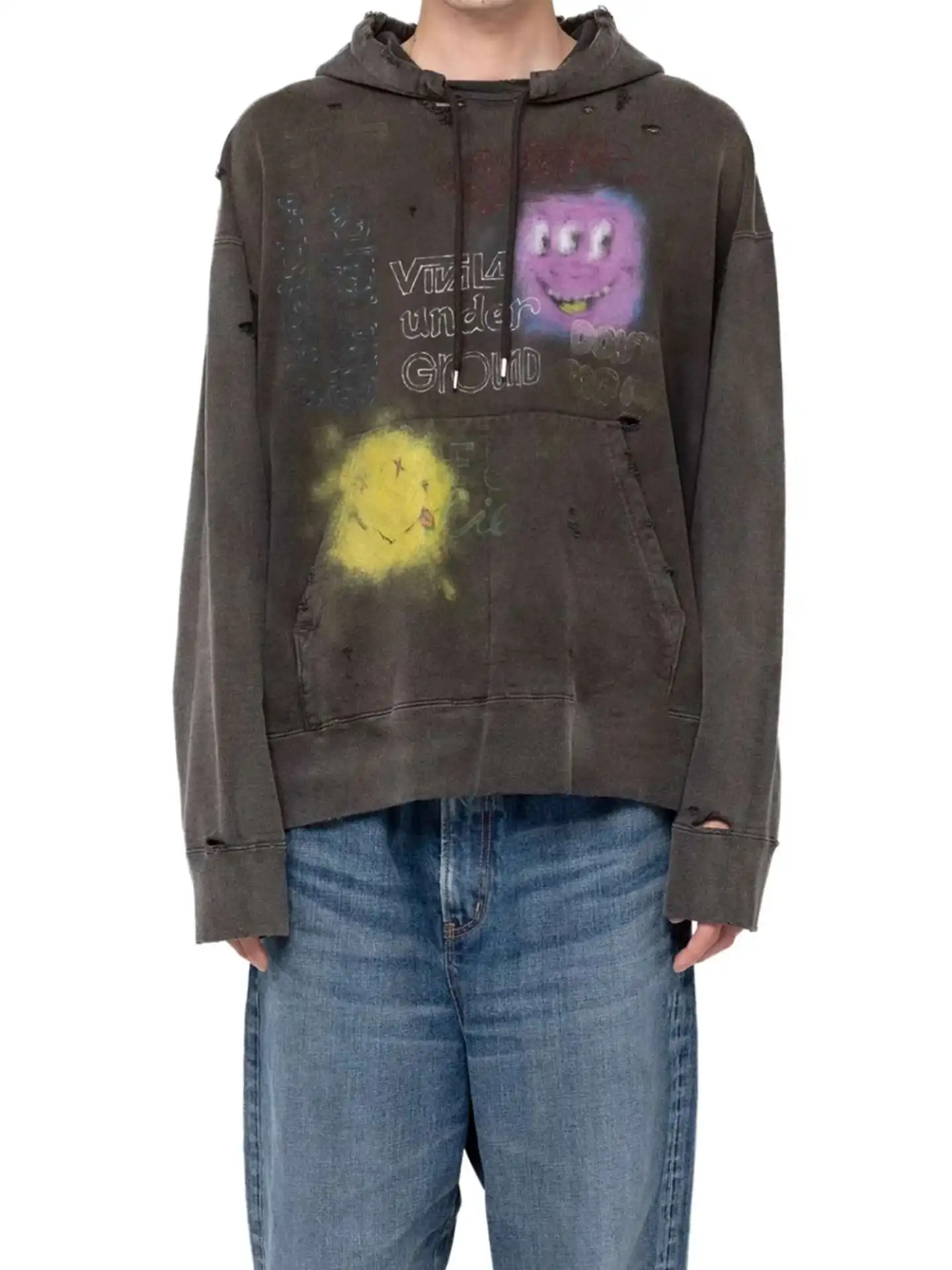 日本製 MMY MIHARA ウォッシュ加工 ダメージ加工 グラフィティ加工 穴あき フード付き メンズ＆レディース スウェットシャツ カバー