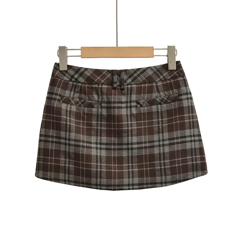 HKSH 2026 Frühling Herbst Neue Frauen Kurzen Rock Plaid Taschen Slim Fit A-Line Amerikanischen Retro Vielseitig Sexy Ins Y2K Röcke HK18160