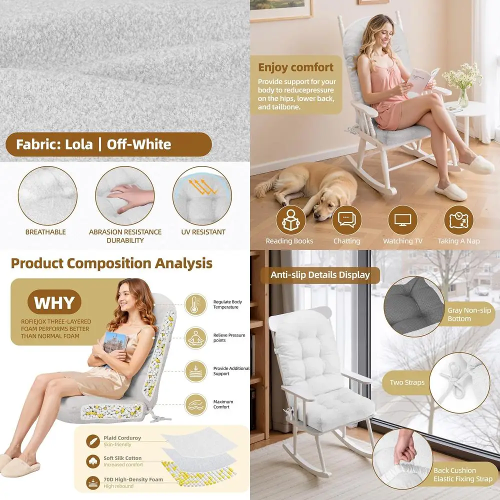 

Подушка для кресла-качалки из хлопка и льна, пена высокой плотности, нескользящая подошва, подушка для сиденья с тафтингом, 44x19x4 дюйма, белый цвет