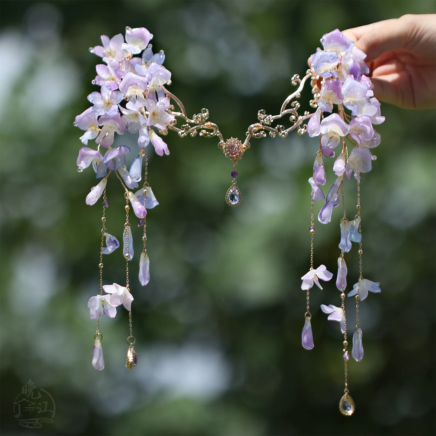 Wisteria corolla, heat shrinkable flower hairpin, new Chinese antique forehead Hanfu accessories, fringed step disc hair crown
