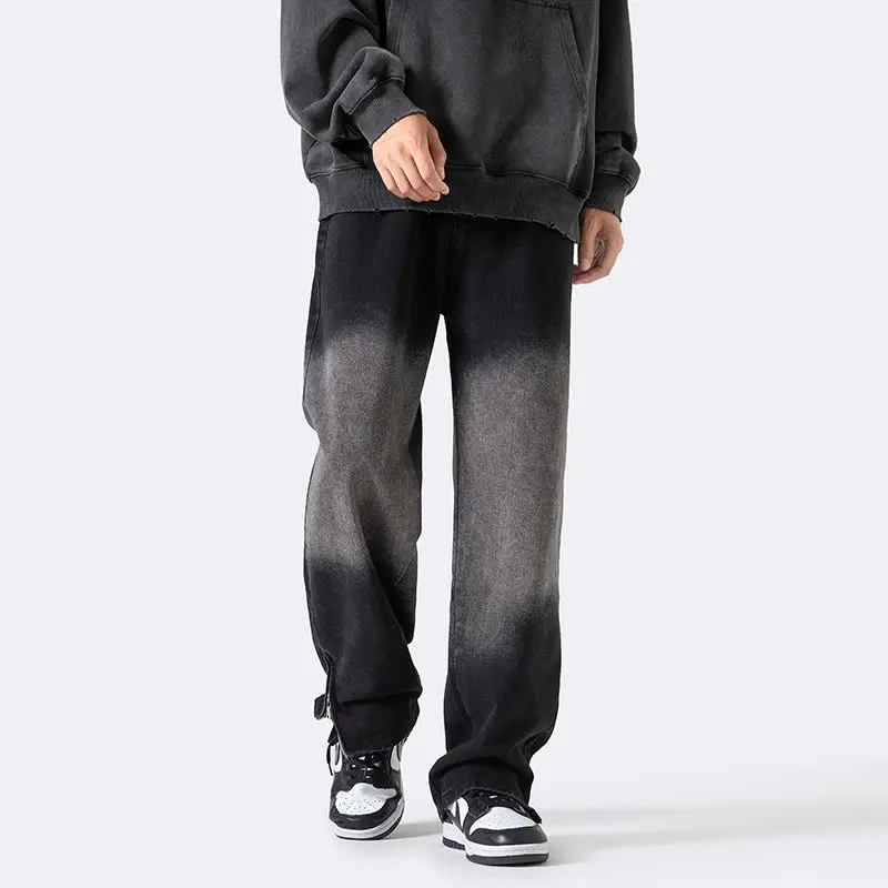 

Men's Jeans Spring And Autumn Fashion Retro Wide Leg Washed Black Gradient Color Trendy Brand Versatile Straight Casual Pants