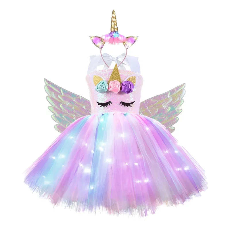 Girls Rainbow Unicorn Light Up Tutu Dresses for Kids Birthday Party Sequins Glowing Knee Length Dress Halloween Animal Costumes