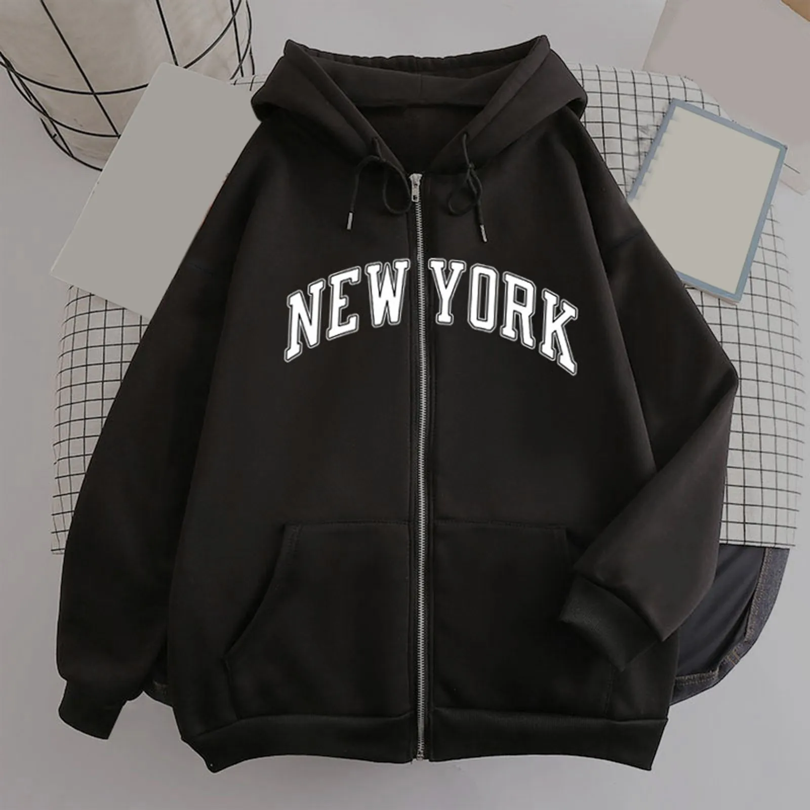 

New York Print Hoodies Women Zip Up Jacket Drawstring Sweatshirts Harajuku Retro Hooded Cardigan Female Black Hoody Sudadera