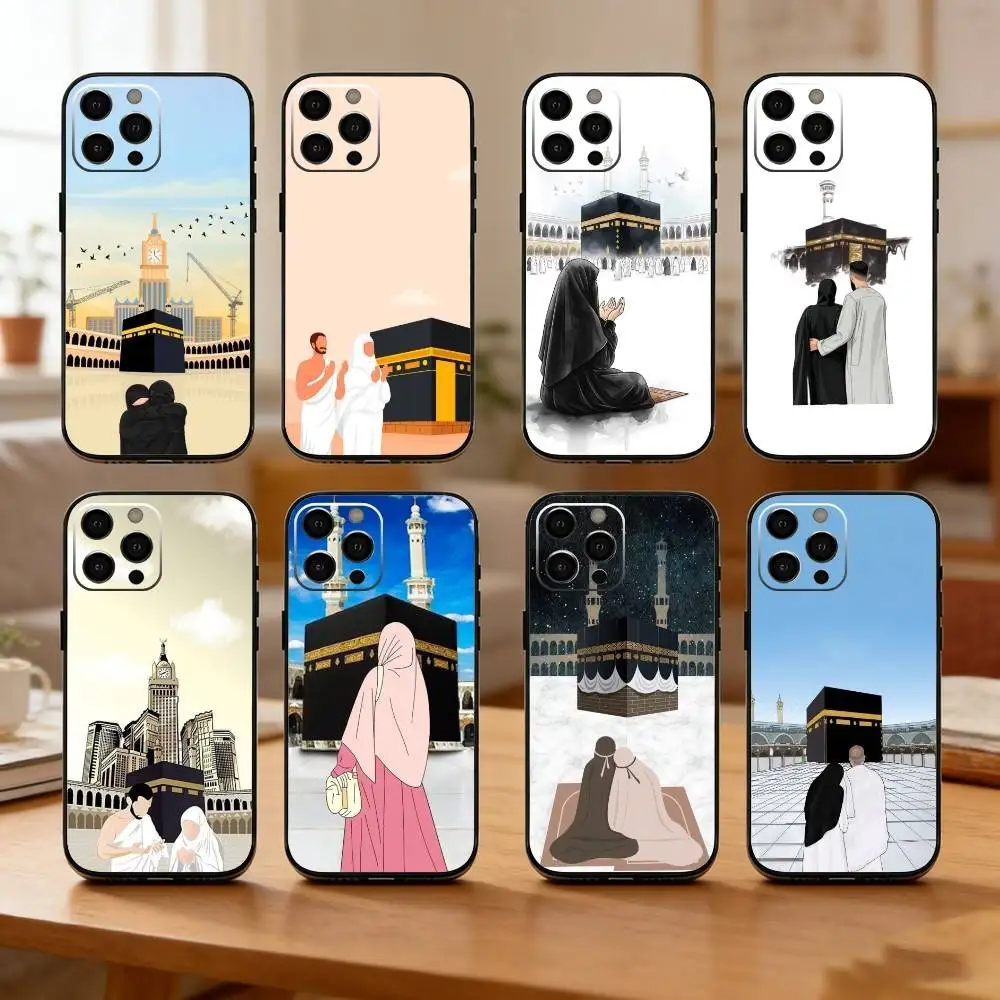 

M-Mecca P-Pilgrims Art Phone Case For iPhone17,16,15,14,13,12 Plus,Max Soft Silicone Black Cover
