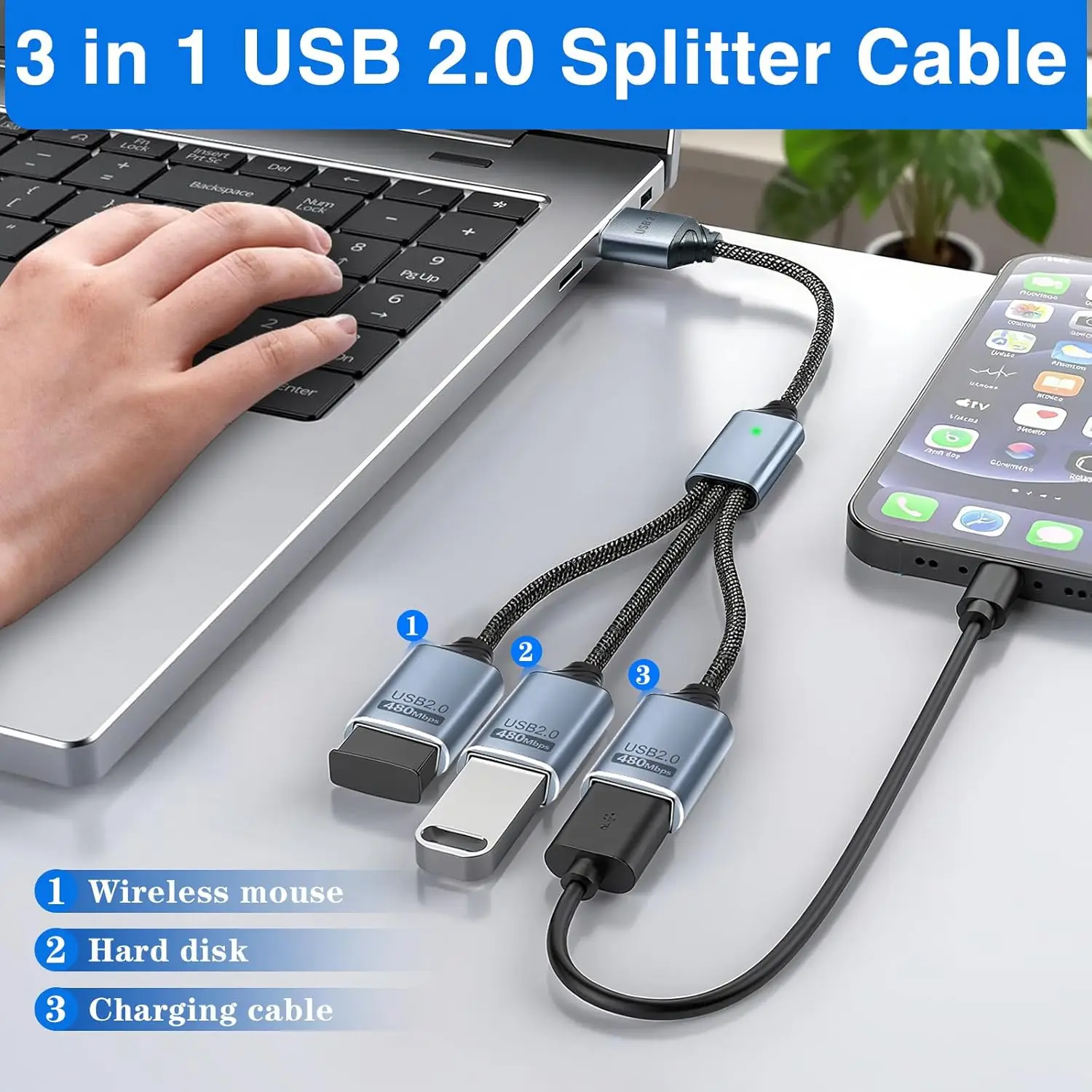 USB splitter cable 1-in-3output USB-A/Type-C expansion hub multi-USB port expansion converter for laptop computer keyboard/Mouse