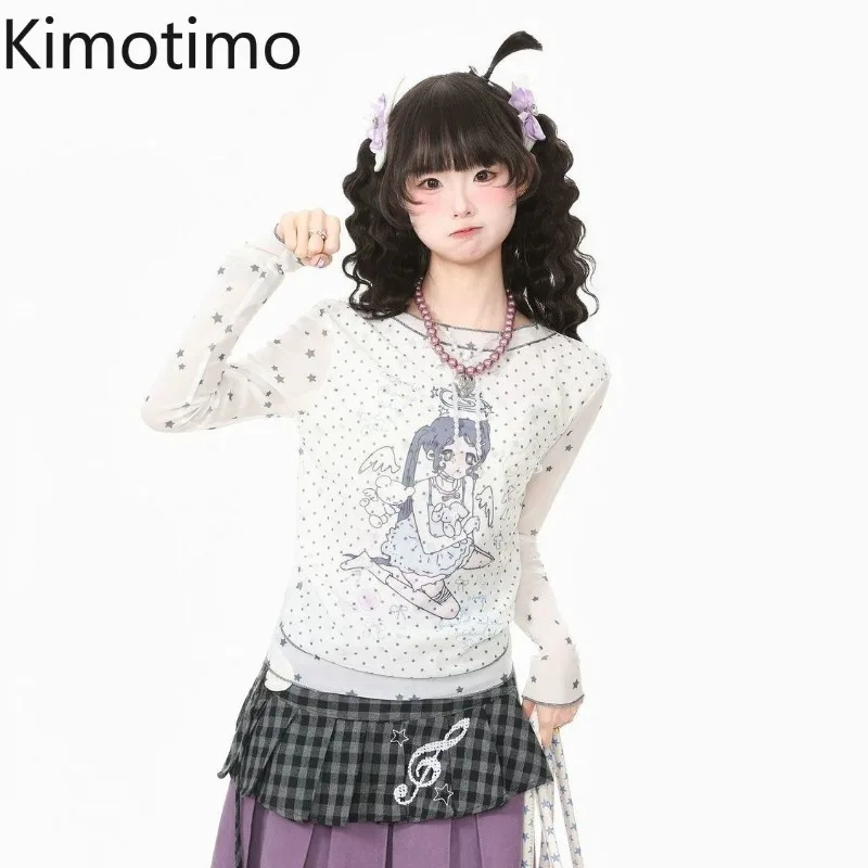 Kimotimo Japanese Cartoon Print Long Sleeve Mesh T-shirt Women Y2k Aesthetic Polka Dot Slim Fake Two Piece Top Sweet Cute Tees