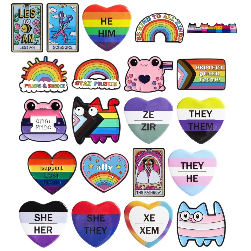 21 Style Pride Day Collection Enamel Pin Heart Pronouns Tinplate Brooch Bi Lesbian Gay Rainbow Cat Badges Omni Frog Jewelry Gift