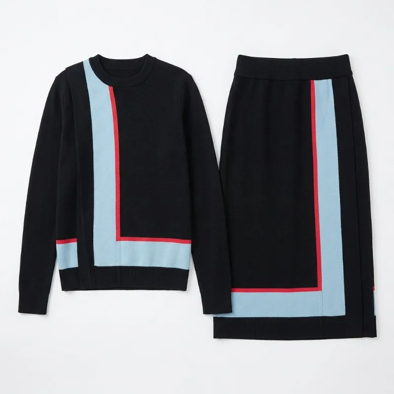 UOOZEE Women Color Block Knit 2 Piece Set Crew Neck Long Sleeve Sweater High Waisted Midi Skirt Office Commuter Matching Outfit