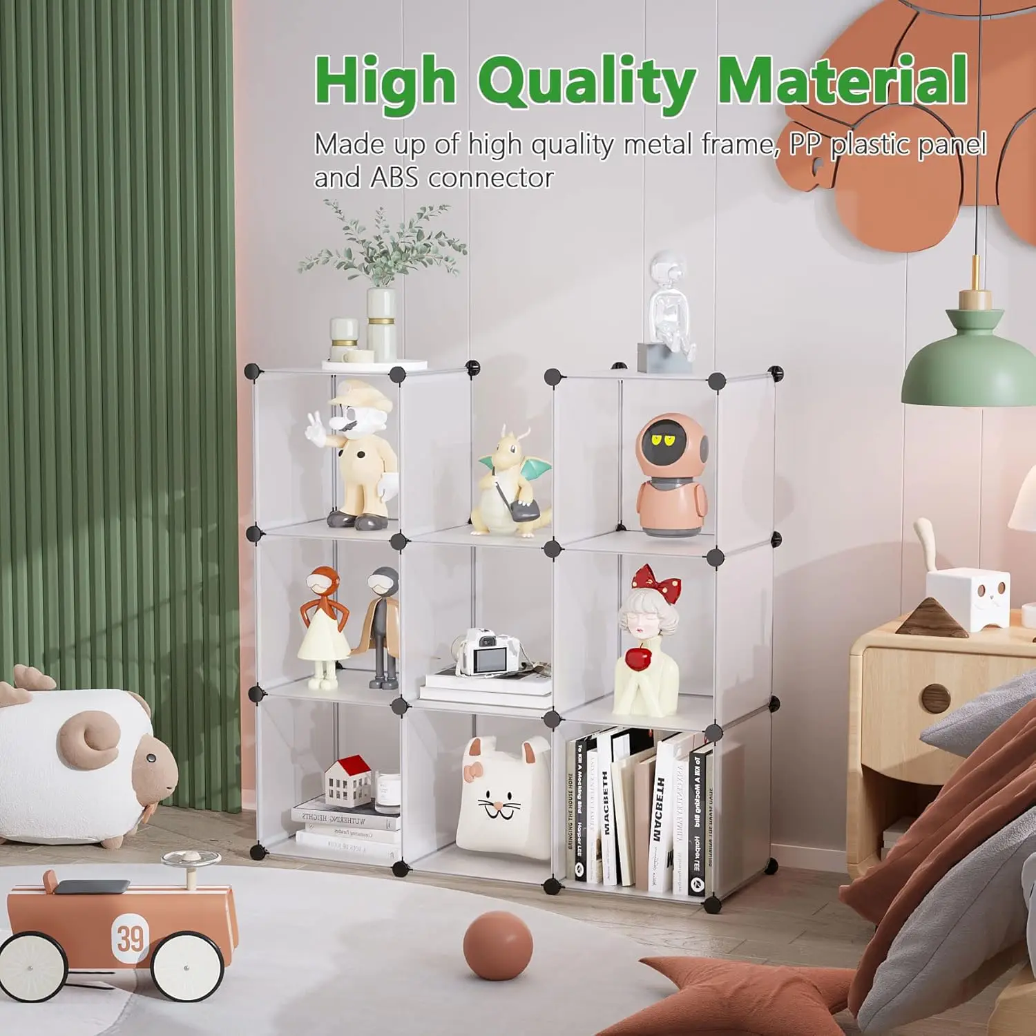 9-Cube Plastic Storage Organizer, DIY Stackable Bookshelf, Modular Shelving for Home Office Kids Room, Translucent White