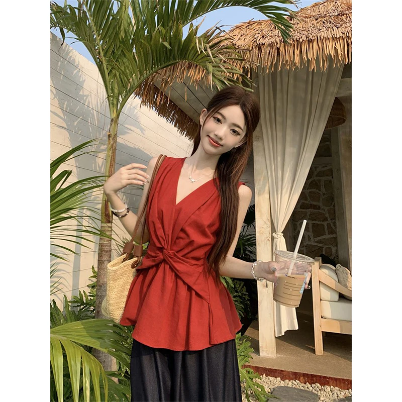 

Women Summer Simplicity Slim Office Lady V-neck Solid Color Sleeveless Shirts Ladies Fashion Temperament All-match Sweet Tops