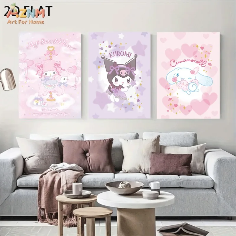 AZNM Unframed Canvas Wall Art My Sweet Piano Kuromi Cinnamoroll Pink Heart Star Cloud Dreamy Sanrio Poster Soft Pastel Girls
