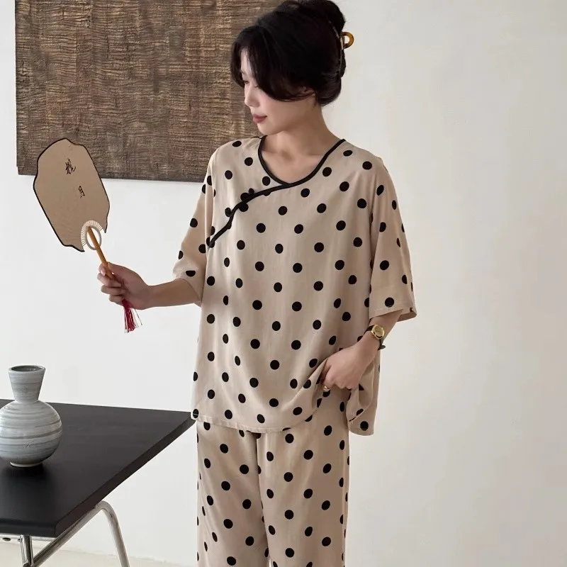 New Chinese Style Short Sleeved Pajamas Set Fashion Women's Spring Summer Polka Dot Sleepwear Suit Vintage Print Home Clothes