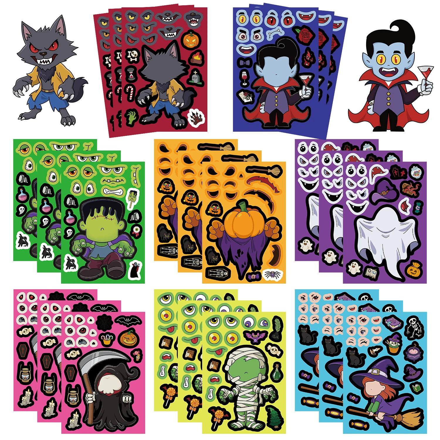 32Sheets Halloween Make a Face Puzzle PVC Sticker Kids Party Favors Gift Toy DIY Pumpkin Ghost Assemble Jigsaw Educational Game