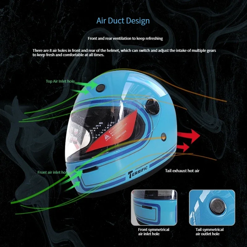 Vintage Full-Face Motorcycle Helmet,Crash-Resistant Fiberglass Construction with Washable Interior for Superior Adult Protection