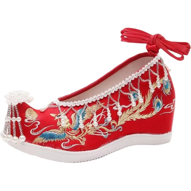 Women New Red Embroidered Wedding Shoes Ethnic Style Increased Internal String Bead Tassel Shallow Ankle Strap Hanfu Shoes
