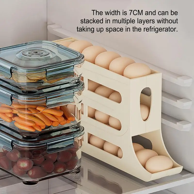 냉장고 용 계란 홀더 자동 롤링 냉장고 계란 주최자 4 층 슬라이드 드롭 트레이 선반 RV 용 공간 절약형 명확한 가시성