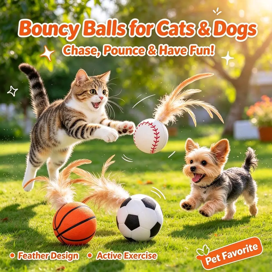 Interactive Bouncing Ball Toy And Feather Chase Game For Cats Small Dogs Basketball Baseball Football Shapes Pet Boredom Relief