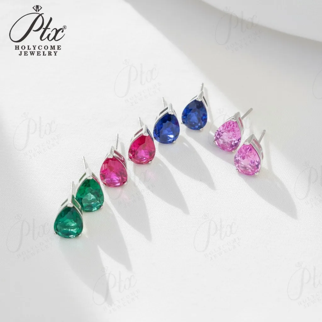 

3.7-5CT Pear Lab Grown Gemstone Earrings Ruby Sapphire Colombia Padparadscha 925 Silver Three-claw Design Earring Hypoallergenic