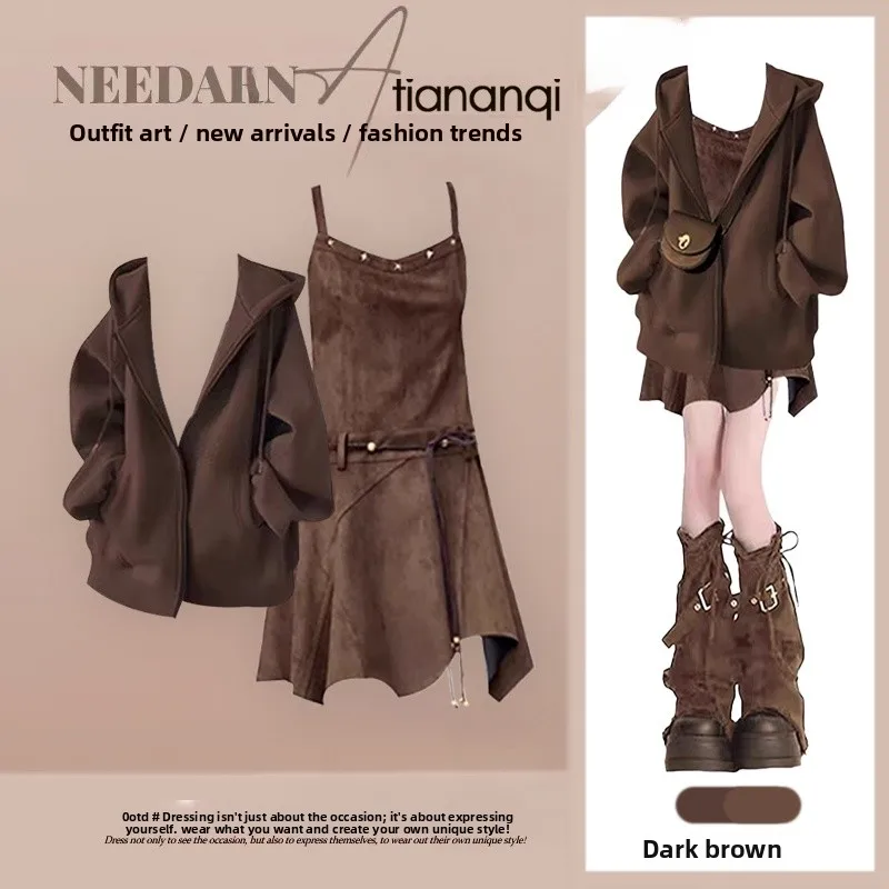 

Fall New American Sle Women's Set Vintage Anti-Aging Hoodie Jaet with Slimming Strap f Skirt Two-Piece Set