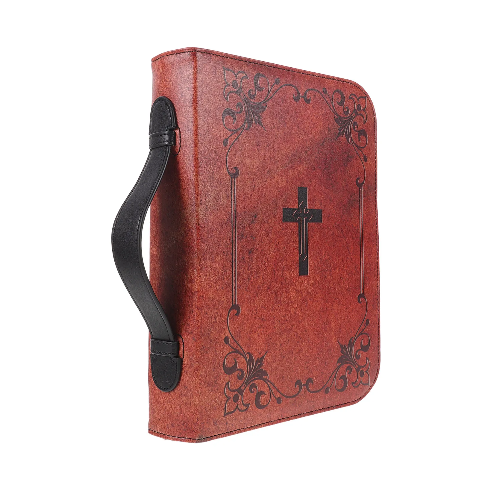 Vintage Aesthetic Bible Cover Case PU Retro Cross Print Scripture Book Protector with Handles for Church Study Travel view 5