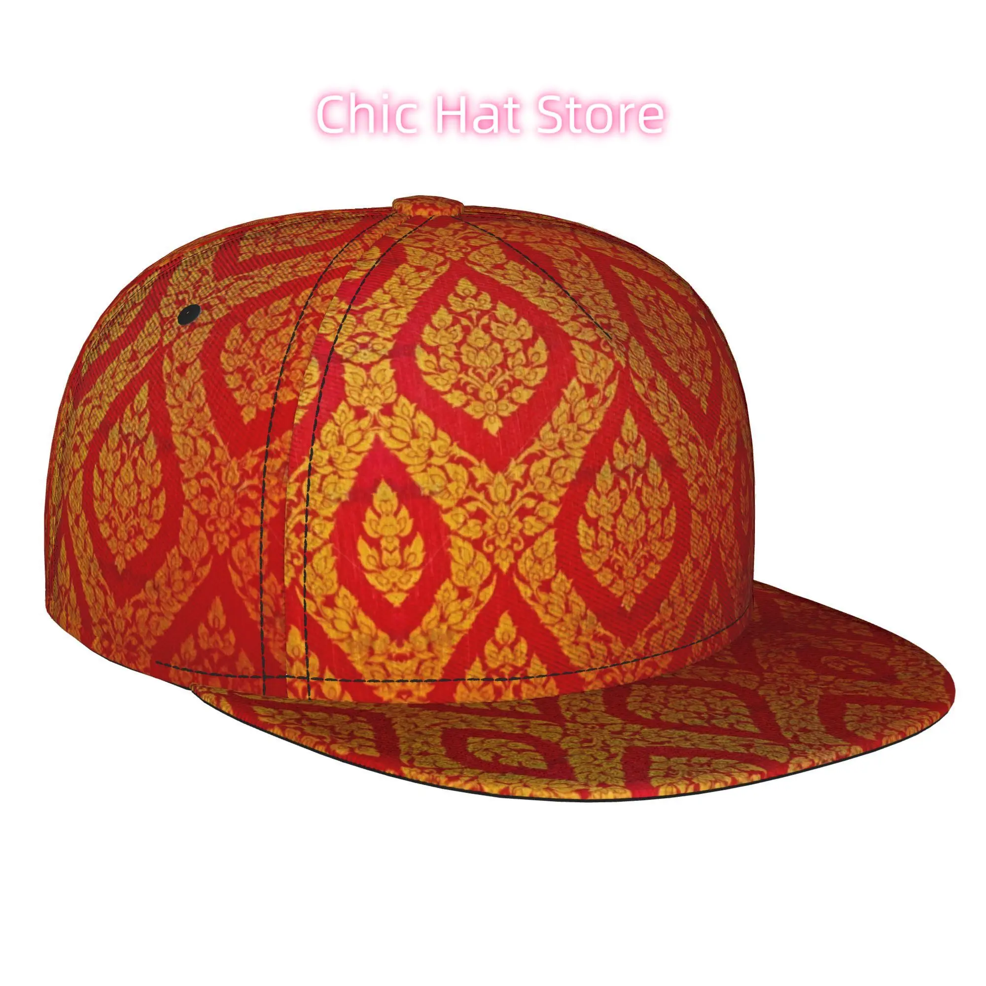 1pc Thai Golden Pattern Red Background Fully Printed Hip-hop Caps, Baseball Caps, Stylish Flat-brimmed Baseball Caps, Sports Out