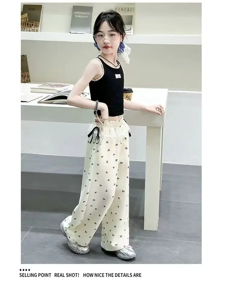 UNITIM Frühlingshosen mit Schleife für Mädchen, bedruckte Wide-Leg-Hosen für Teenager-Mädchen, lockere Kinderhosen, Freizeithosen für Kinder, 5–14 Jahre – Detail 12