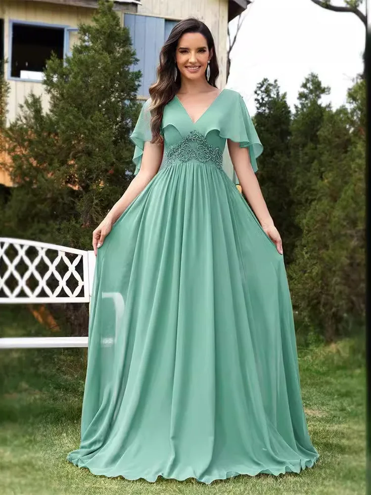 

New een Chiffon Slim Fit Gown with Trumpet Sves for Bridesmaid Evening Dres Women's Faion Ele Satin Dr