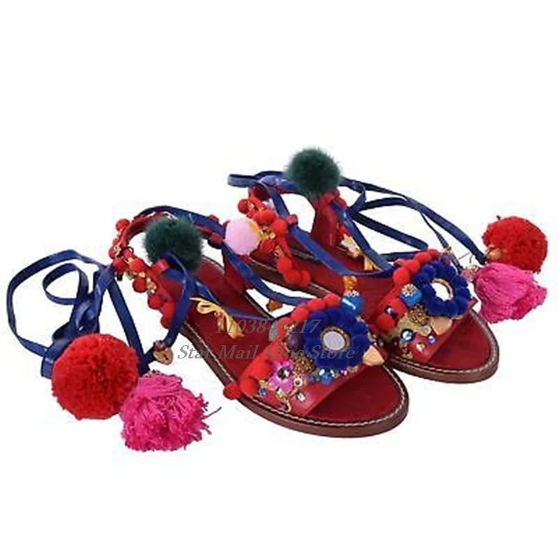 Newest Pompom Flower Embellished Strappy Lace-Up Sandals Round Toe Peep Toe Painted Wooden Heel Flat Sandals Ethnic Style Sandal