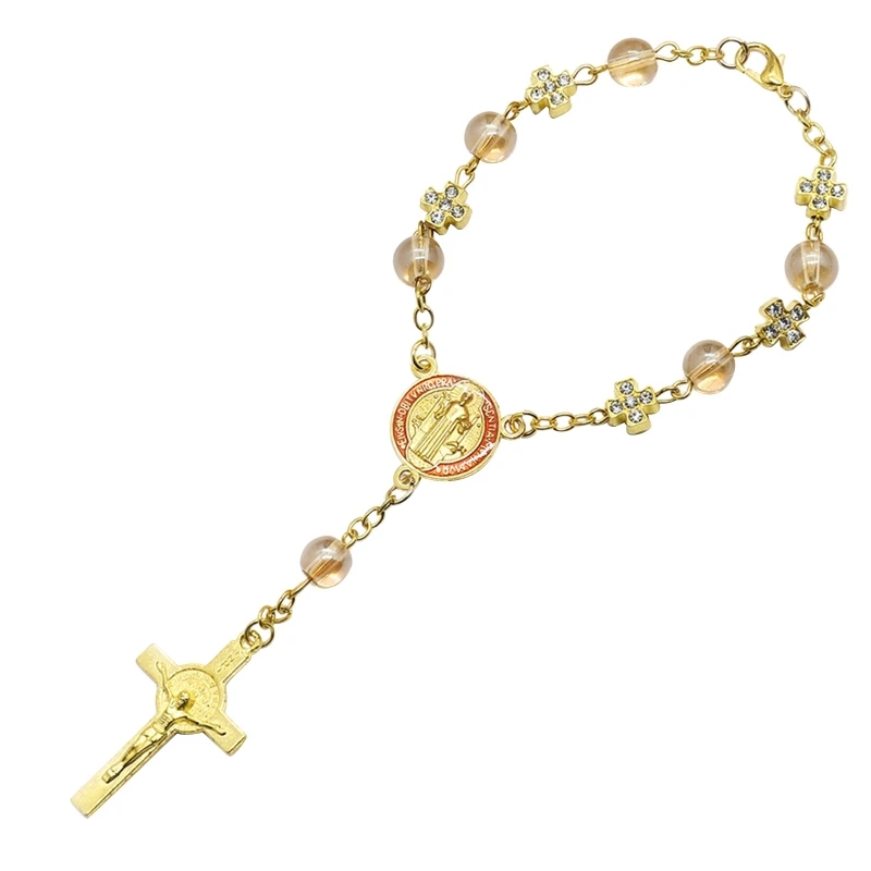 Gold Cross Rosary Bracelet Catholic Holy Beads Hand Accessory Jewelry for Men Women Praying Jewelry Ornament Guft Supplies